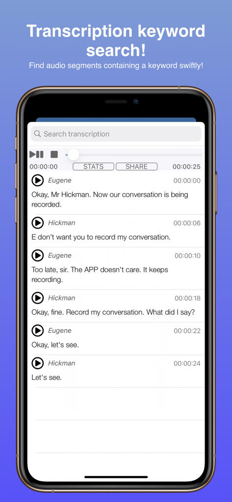 Audio Transcribe - SmartScribe - Pantalla de smartphone de la aplicación SmartScribe que muestra la transcripción de audio con búsqueda por palabra clave e identificación de hablantes