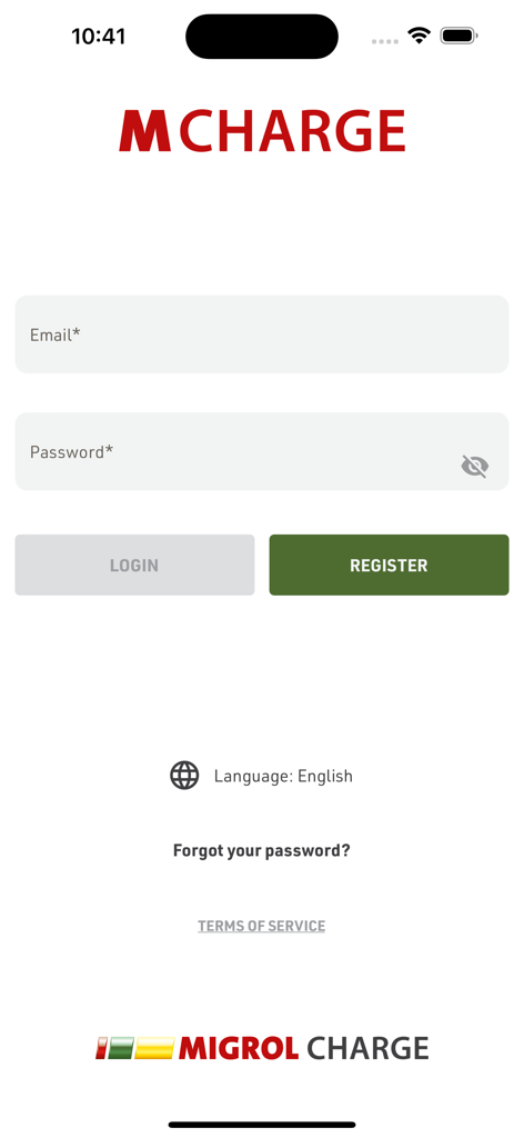 M-Charge - M-Charge mobile App Login- und Registrierungsoberfläche mit E-Mail- und Passwortfeldern