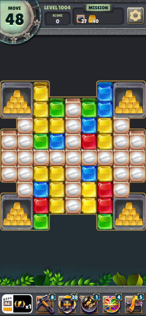 Gameplay of Jewel Blast Temple showing a puzzle board with colorful jewels and gold bars at level 1004