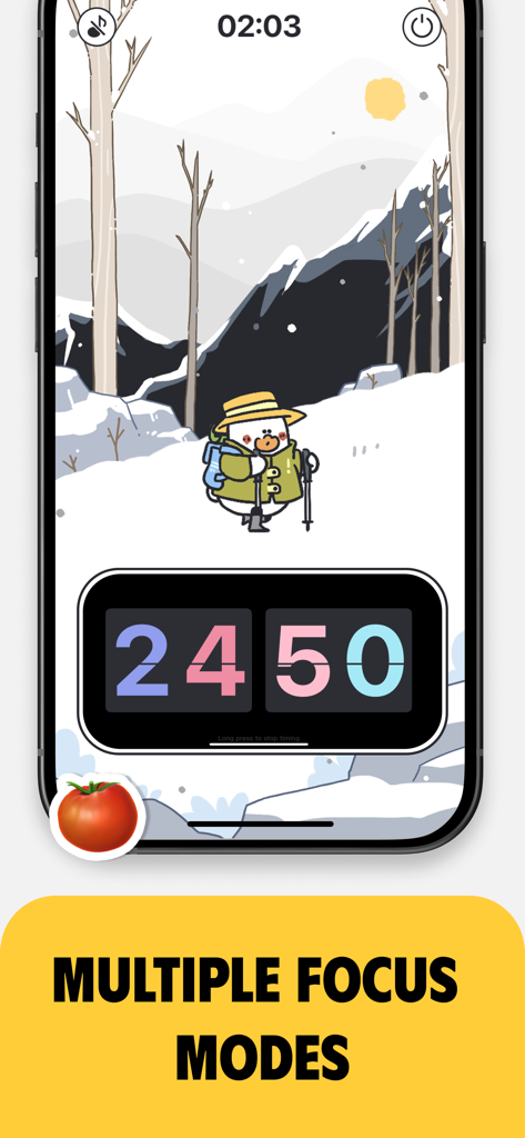 Plan Joy focus timer screen featuring a cute duck character in a winter landscape with a flip clock timer.