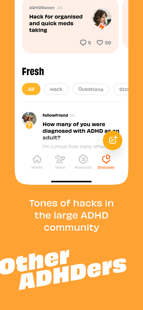 Numo: Cringe-Free ADHD App - A screenshot of the Discover screen in the Numo ADHD app showing a community feed with life hacks and questions from other users