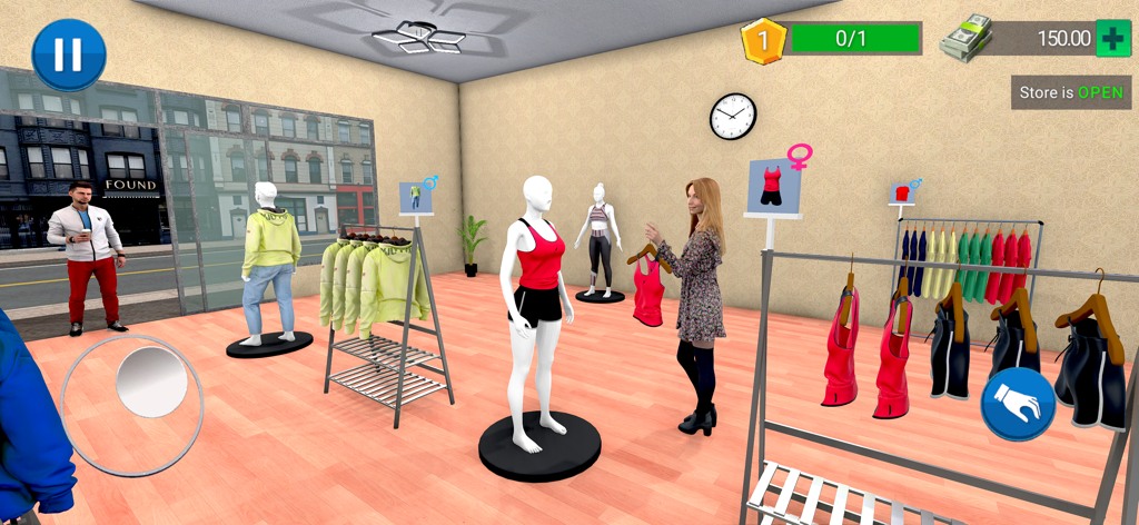 Clothing Store Simulator Game - A gameplay screenshot of a clothing store simulator showing a boutique manager arranging stylish outfits on racks and mannequins.