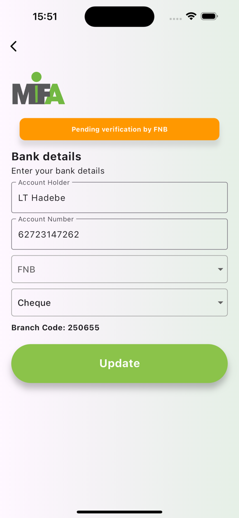 MIFA - MIFA mobile app screen for entering bank account details including holder name and account number