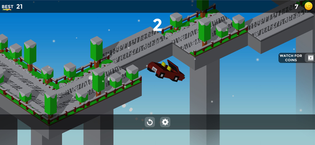 Crossy Bridge Blocky Game - Red blocky car jumping across a gap on a snowy bridge