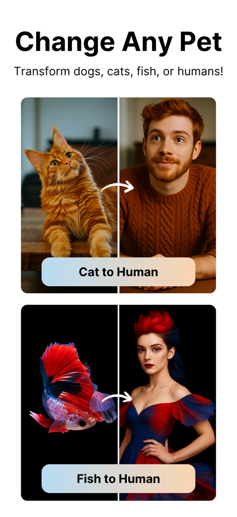 Captura de pantalla de la app Perro a Humano mostrando transformaciones de IA de gato a humano y de pez a humano.