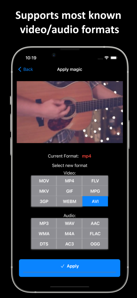 Video Files Converter: MP4,MP3 - Interface of the Video Files Converter app showing a video preview and options to select different video and audio formats for conversion.