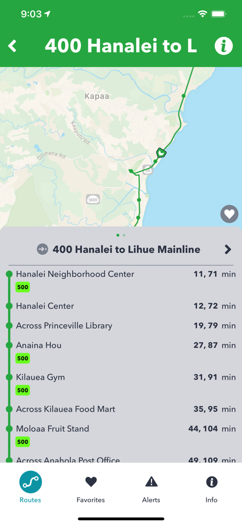 The Kauai Bus Tracker - Real-time map and arrival times for the 400 Hanalei to Lihue bus route on the Kauai Bus Tracker app