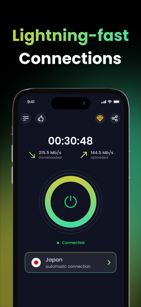Interfaz de la aplicación Bear VPN mostrando estadísticas de conexión de alta velocidad y estado de conexión