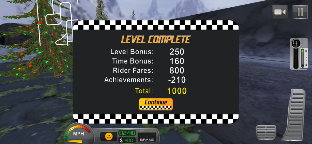 Taxi Driver 3D : Hill Station - Level complete screen in Taxi Driver 3D Hill Station showing score summary and a snowy mountain environment with a Christmas tree