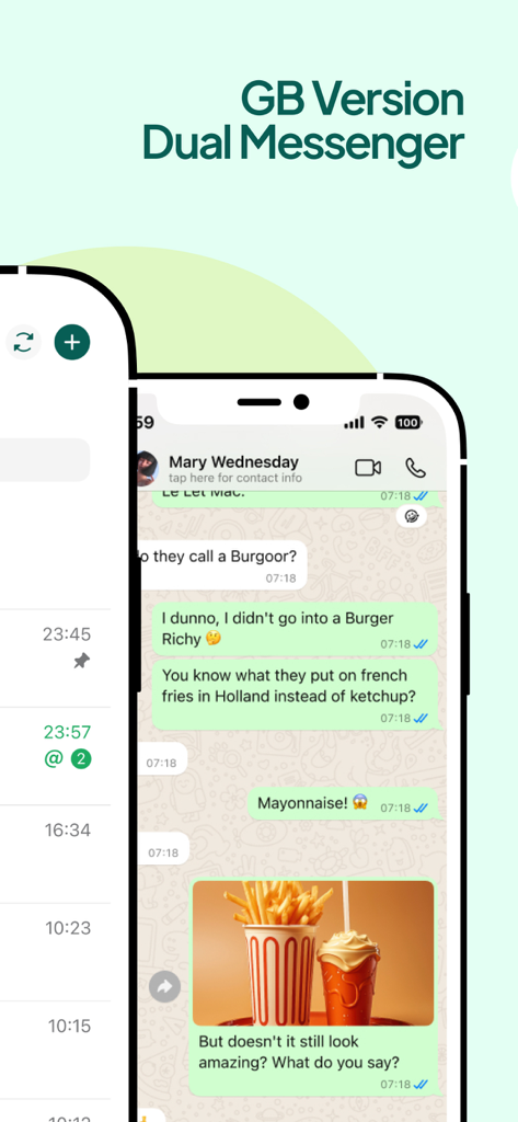 스마트폰 화면에 GB Version Dual Messenger라는 텍스트가 위에 표시된 채팅 대화가 표시됩니다.