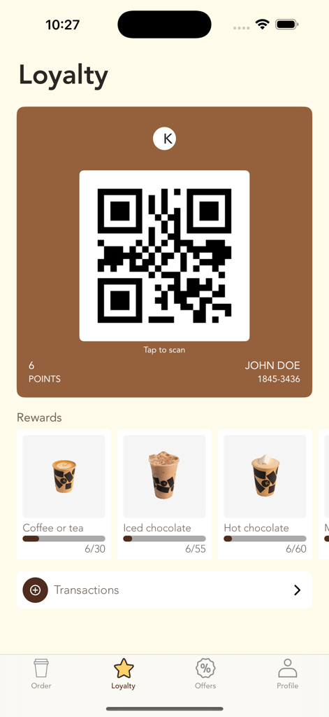 A loyalty screen from the Knoops app showing a digital rewards card with a QR code and progress bars for various drinks.