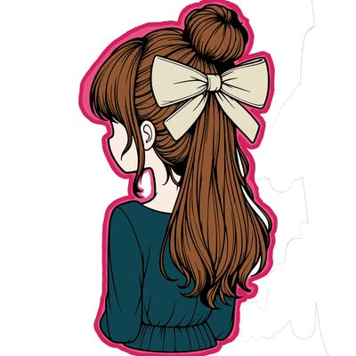 realistic girl  with hip length hair a bun and a big bow on the back of head