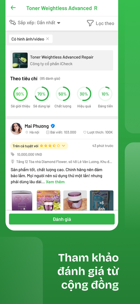 iCheck Scan app interface displaying community product reviews and authenticity ratings