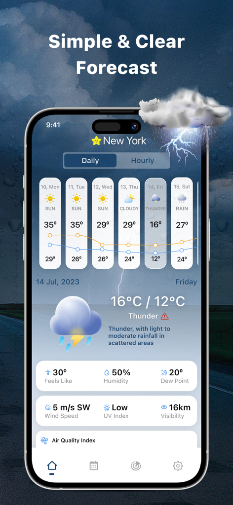Live Weather - Widget, Radar - Pantalla de aplicación móvil que muestra un pronóstico meteorológico diario con gráficos de temperatura y métricas detalladas del clima