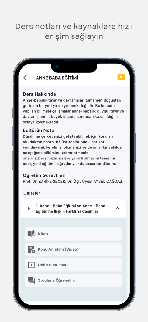 AUZEF Mobil Uygulama - A mobile screenshot of the AUZEF app showing course information and educational resources like books and videos
