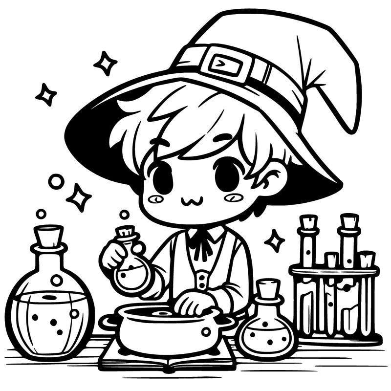 cute witch boy preparing potions