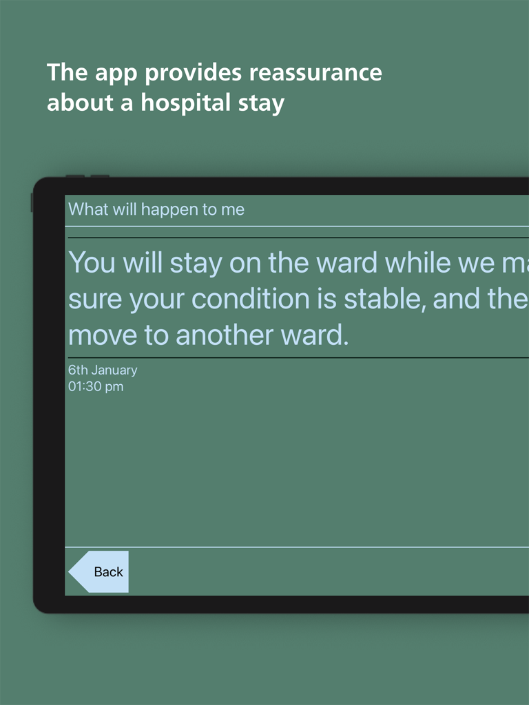 ICU Communication App - iPad-Bildschirm mit einer Beruhigungsnachricht für Krankenhauspatienten in der ICU Kommunikations-App