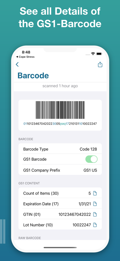 Pretty GS1 Barcode Scanner screen displaying parsed GS1 content including GTIN lot number and expiration date