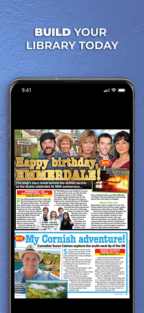 A digital magazine page in the Whats on TV app featuring an Emmerdale anniversary article