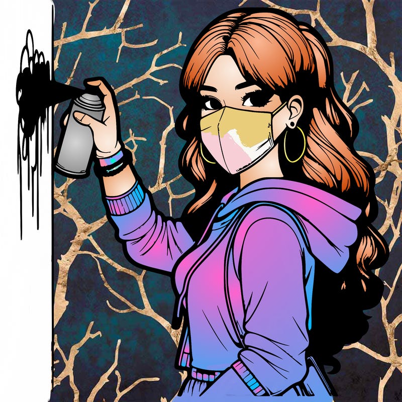 realistic girl with mask spray painting a wall