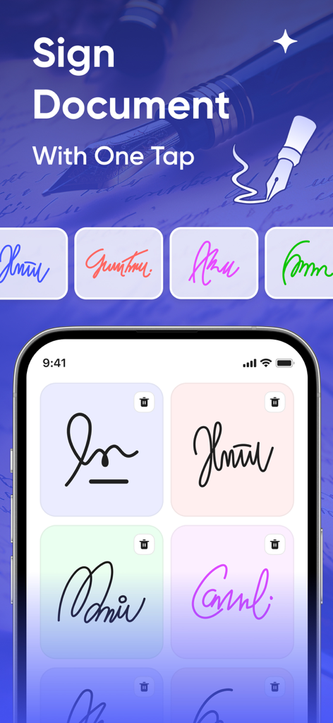 DigiSign - Sign PDF & Document - Ein iPhone-Bildschirm, der eine Galerie benutzerdefinierter digitaler Signaturen in der DigiSign-App mit dem Text Sign Document With One Tap zeigt