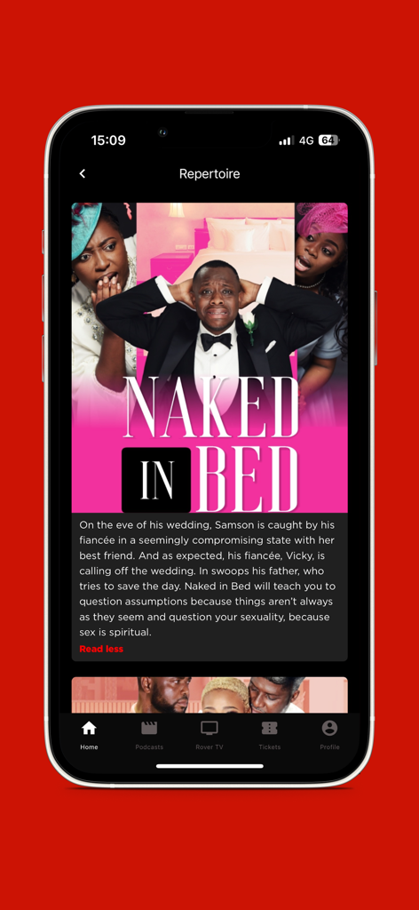RoverApp - RoverApp theatre repertoire screen showing a play titled Naked in Bed by Uncle Ebo Whyte