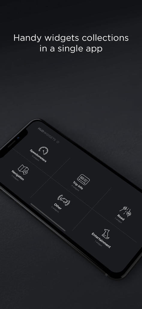 A smartphone screen displaying the HUD Widgets app menu with options for speedometers navigation trip info and entertainment.