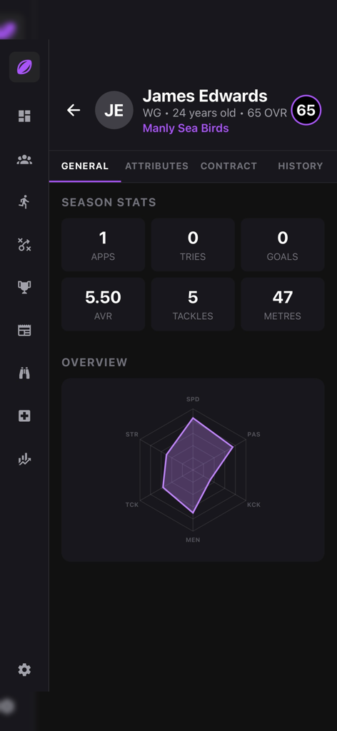 Rugby League Dynasty - Player profile screen showing season statistics and attribute radar chart in Rugby League Dynasty