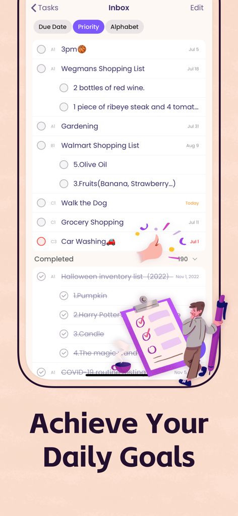 Planner Pro - Daily Planner - Screenshot of the Planner Pro task inbox showing categorized daily tasks and completed goals.
