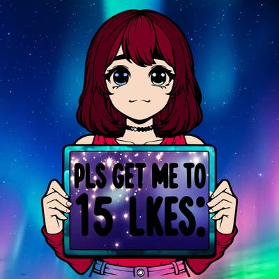 realistic girl holding up a sign that says “pls get me to 15 likes!”
