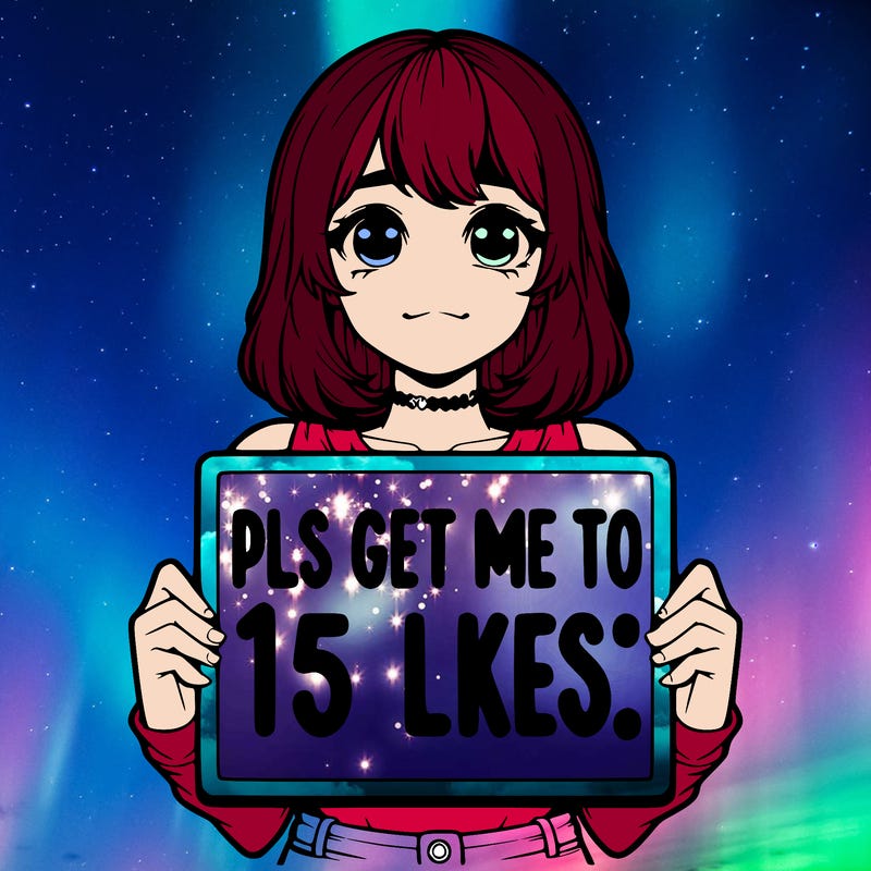 realistic girl holding up a sign that says “pls get me to 15 likes!”