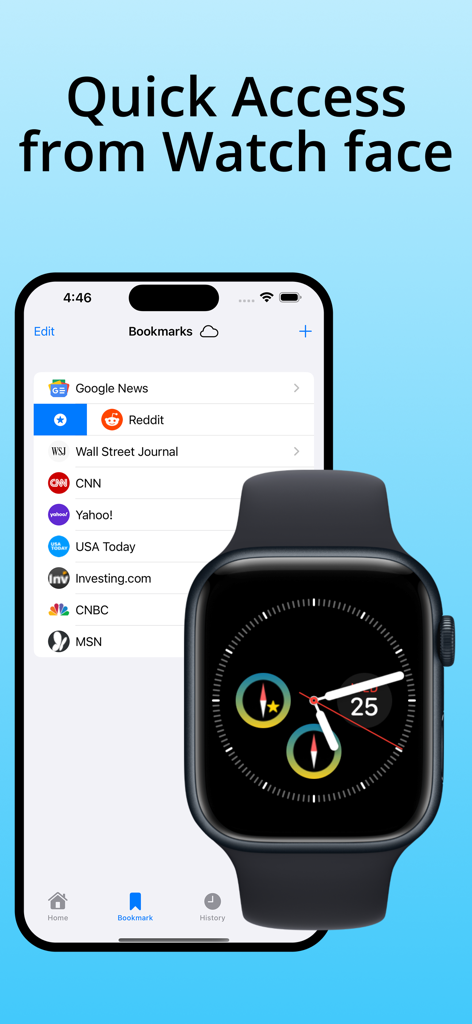 Watch Browser with Keyboard - An iPhone screen displaying a bookmarks list next to an Apple Watch with a browser complication for quick access.