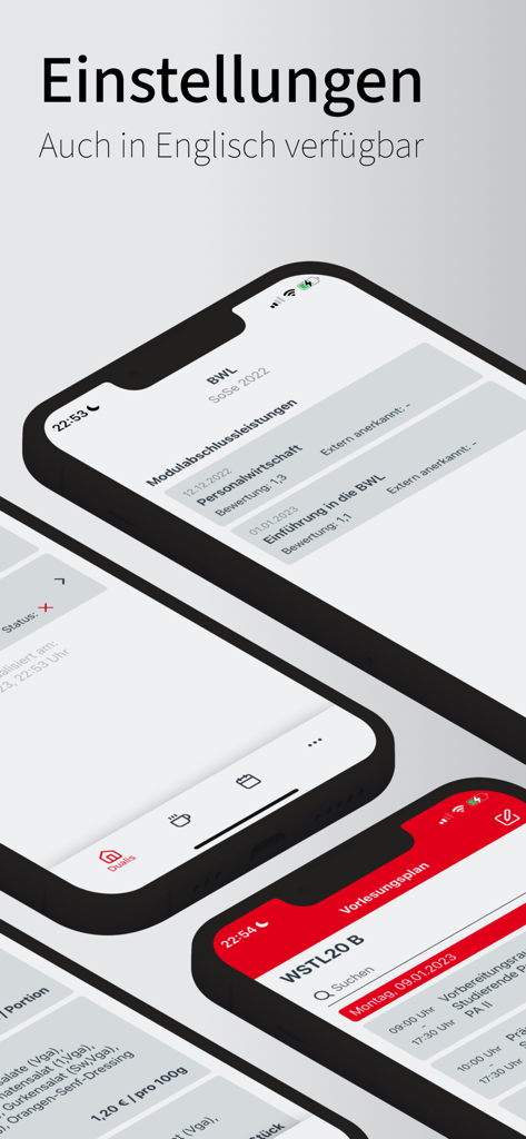 Pantallas de interfaz de DHBW CampusApp mostrando calificaciones y horario con un encabezado que menciona el soporte del idioma inglés.