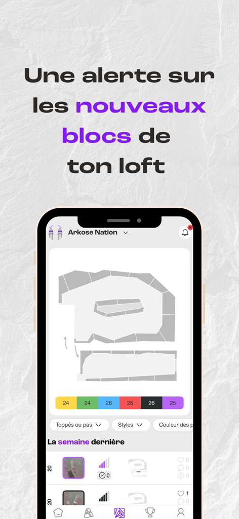 Arkose+ - Mobile screen of Arkose Plus app displaying bouldering routes and gym layout