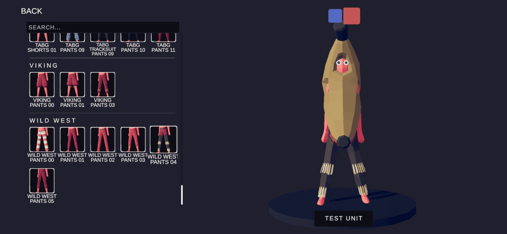 A character in a banana suit being customized in the TABS Pocket Edition unit creator menu.