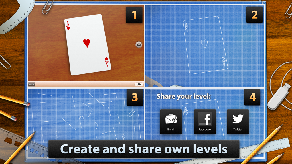 A four-step guide showing how to create and share your own 3D puzzles in the Blueprint 3D app using a camera and social media sharing buttons
