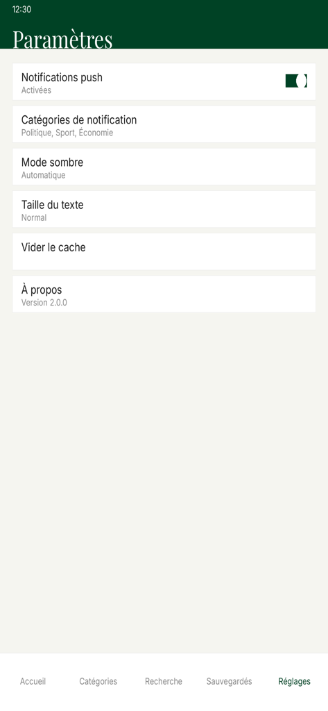 MaliActu.net - Settings screen of the MaliActu news app showing push notification and display options