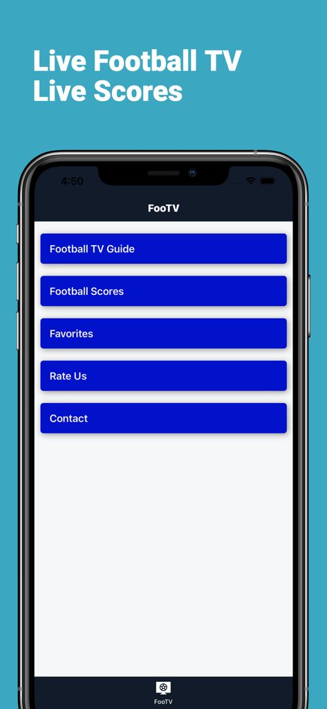 Super IPTV - Live Soccer TV - Main menu of the Super IPTV app on an iPhone showing options for Football TV Guide and Football Scores