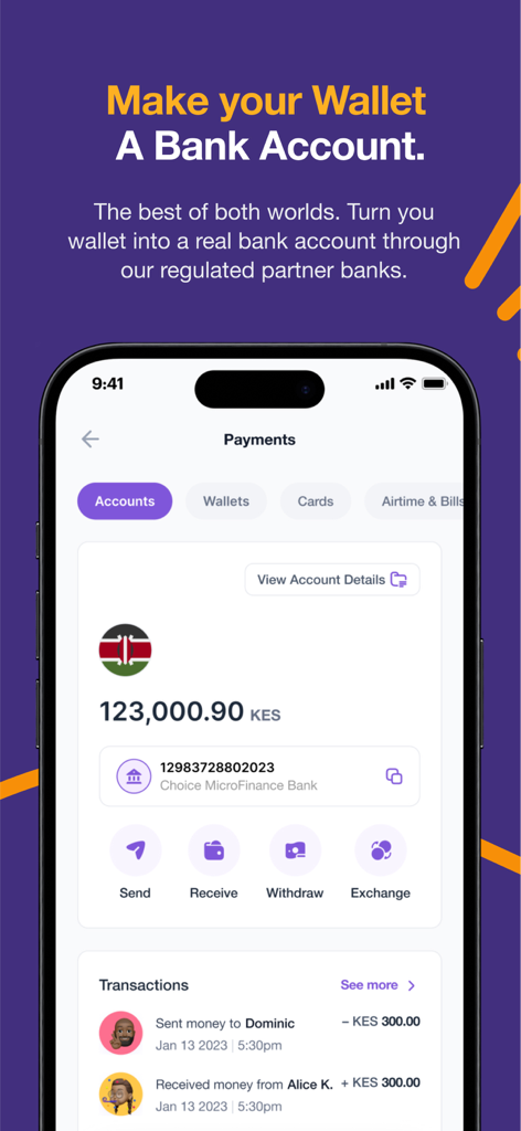 Peer - the everything app. - Peerアプリのユーザーインターフェース。銀行口座の残高と送受信、引き出しのオプションが表示されています。