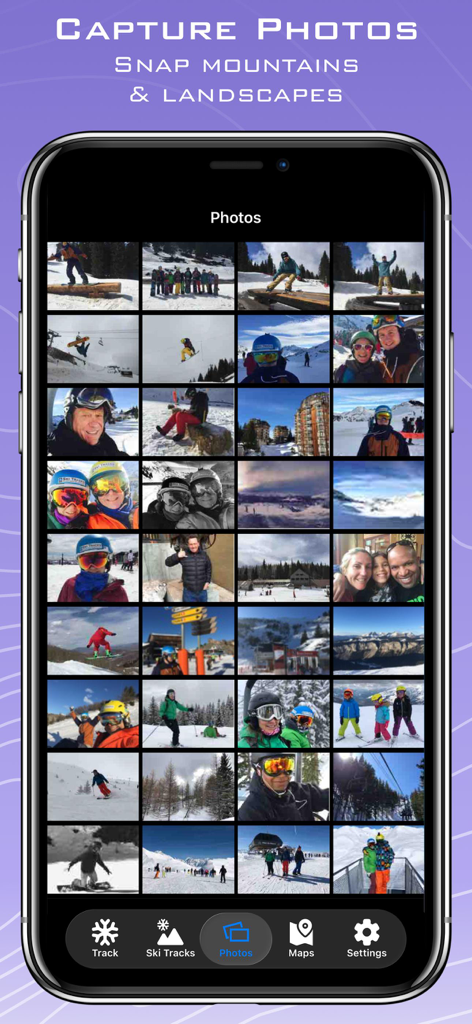 Photo gallery in the Ski Tracks Lite app displaying a grid of skiing and snowboarding photos.