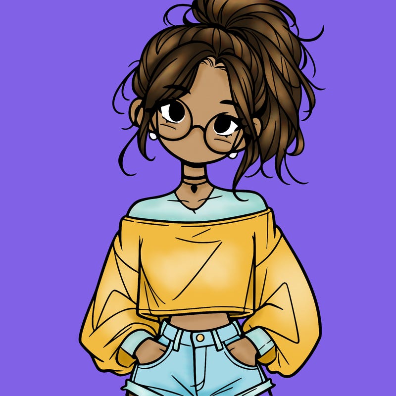 girl with a messy ponytail glasses a baggy crop top and jean shorts