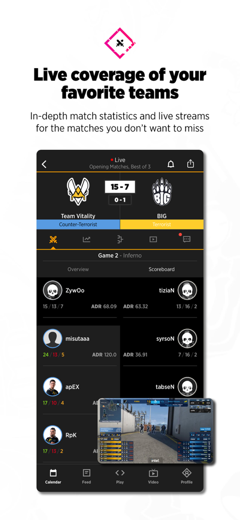 Strafe Esports - Live esports match tracking with real-time player statistics and video stream on the Strafe app.