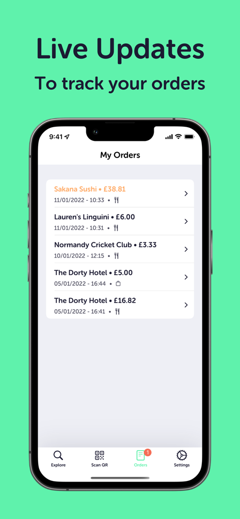 Dines - Mobile Ordering - A smartphone screen displaying the My Orders section of the Dines app showing live updates and a history of food and drink orders with prices and locations