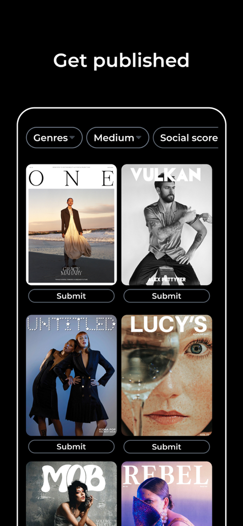 Kavyar Photography Network - Mobile app interface of Kavyar Photography Network showing fashion magazine covers with submit buttons for creative professionals