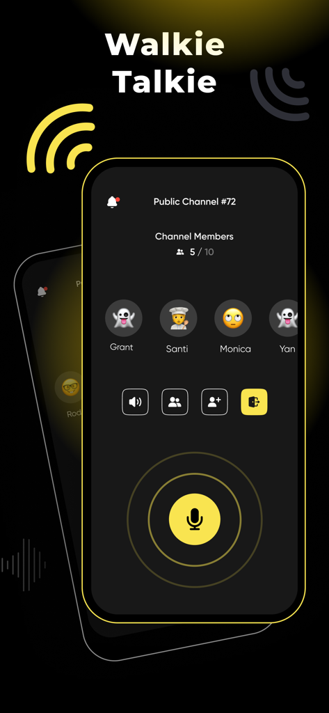 User interface of Walkie-Talkie app featuring a public channel chat with participants and a push-to-talk microphone button