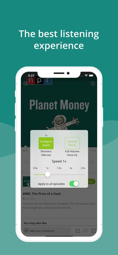 Podbean app playback interface showing intelligent speed and volume boost audio settings over an NPR podcast episode