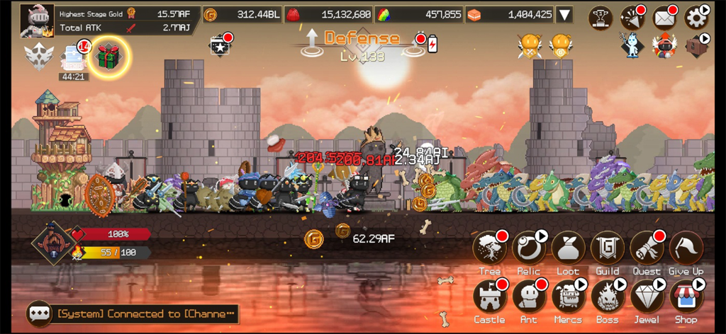 Ant Hero : Defense Idle RPG - Ant Hero gameplay showing ant warriors defending their castle against waves of monsters in an idle RPG battle scene