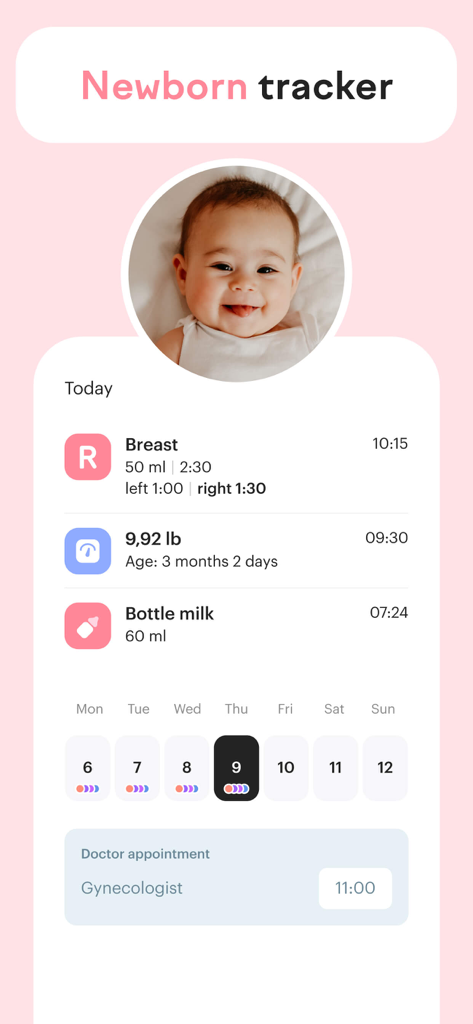 Newborn tracker dashboard in the amma app showing feeding logs and baby weight