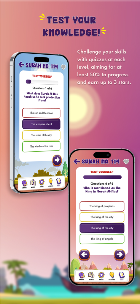 My Quran Journey - Interactive multiple choice quiz screen in the My Quran Journey app for children.