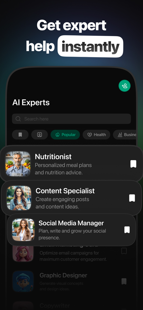 Savvi 모바일 앱 화면, 영양, 콘텐츠 및 소셜 미디어 관리를 위한 전문 AI 전문가 목록 표시